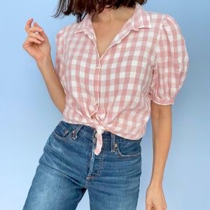 Zara Pink and White Gingham Button Up Blouse with Puff Sleeves
